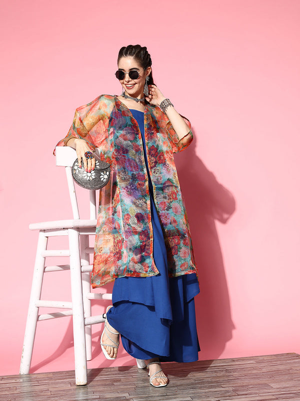 InWeave Ink Blue Strappy Set With Green Floral Long Organza Cape
