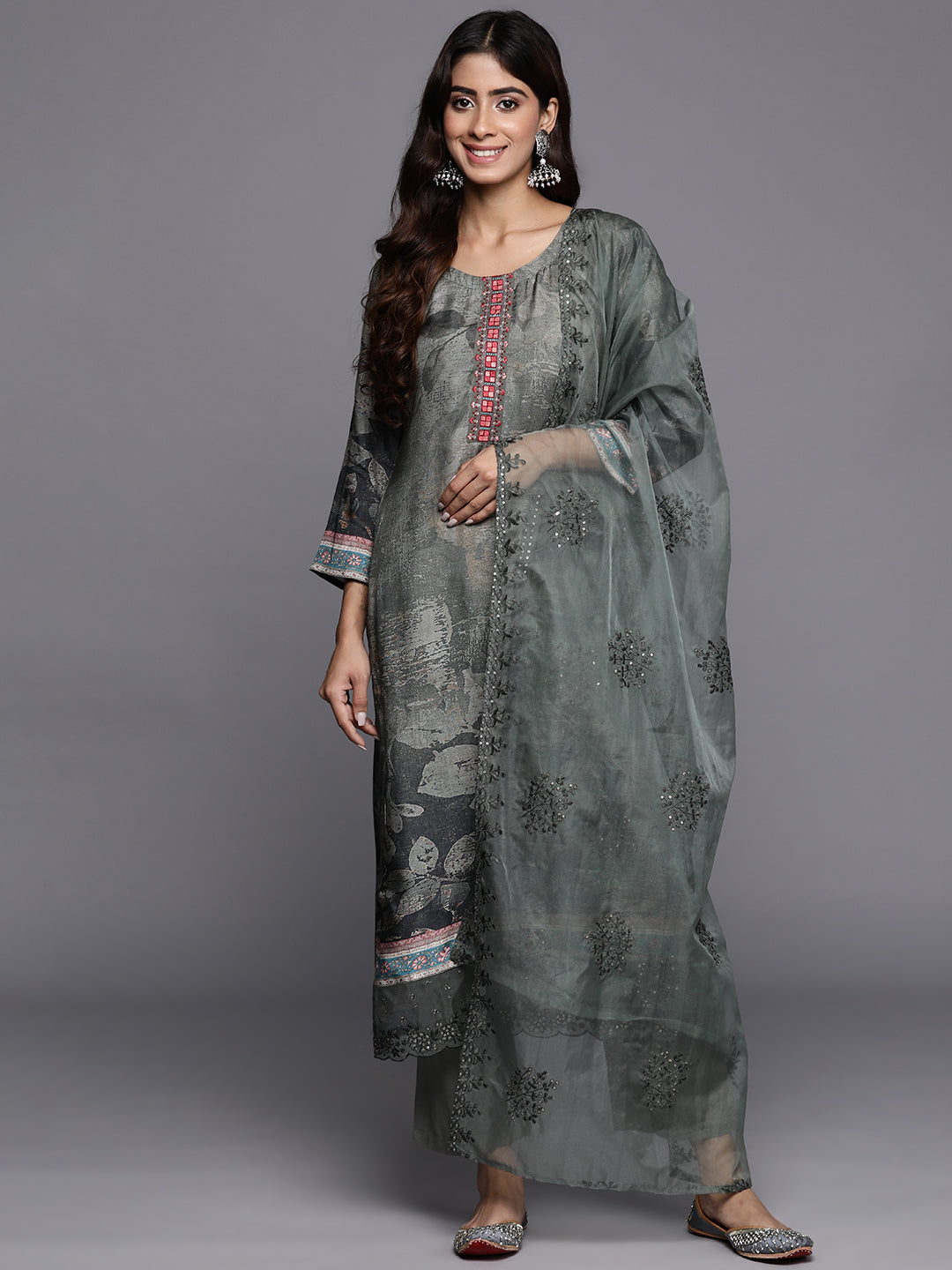 Varanga Women Green Floral Printed Straight Kurta Paired With Tonal Bottom And Tonal Organza Embroidered Dupatta - Distacart