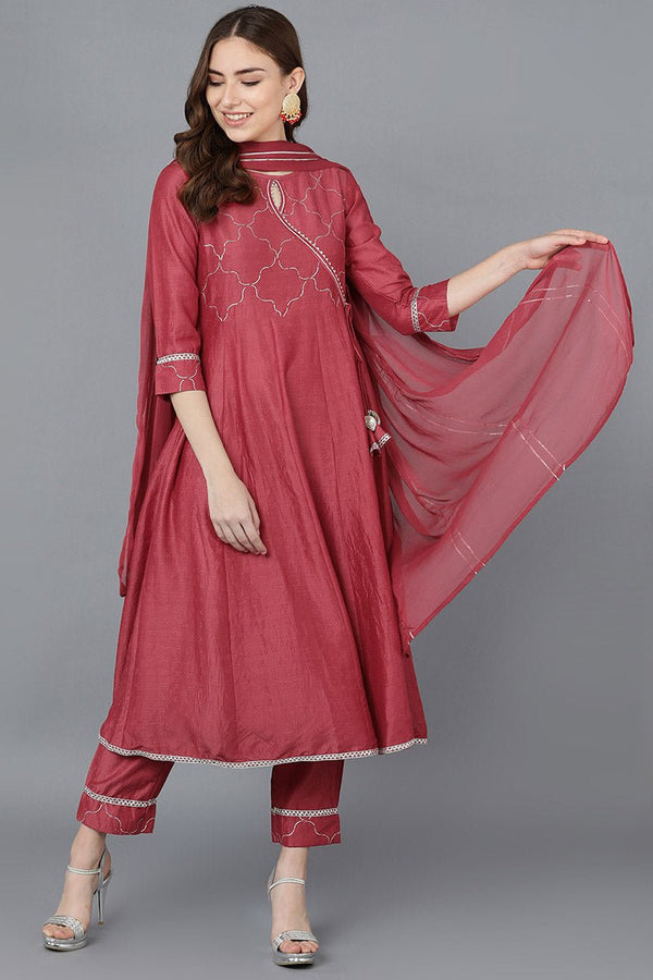 Ahika Women Red Poly Silk Embroidered Kurta Trousers With Dupatta
