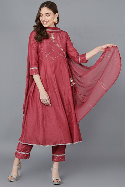 Ahika Women Red Poly Silk Embroidered Kurta Trousers With Dupatta