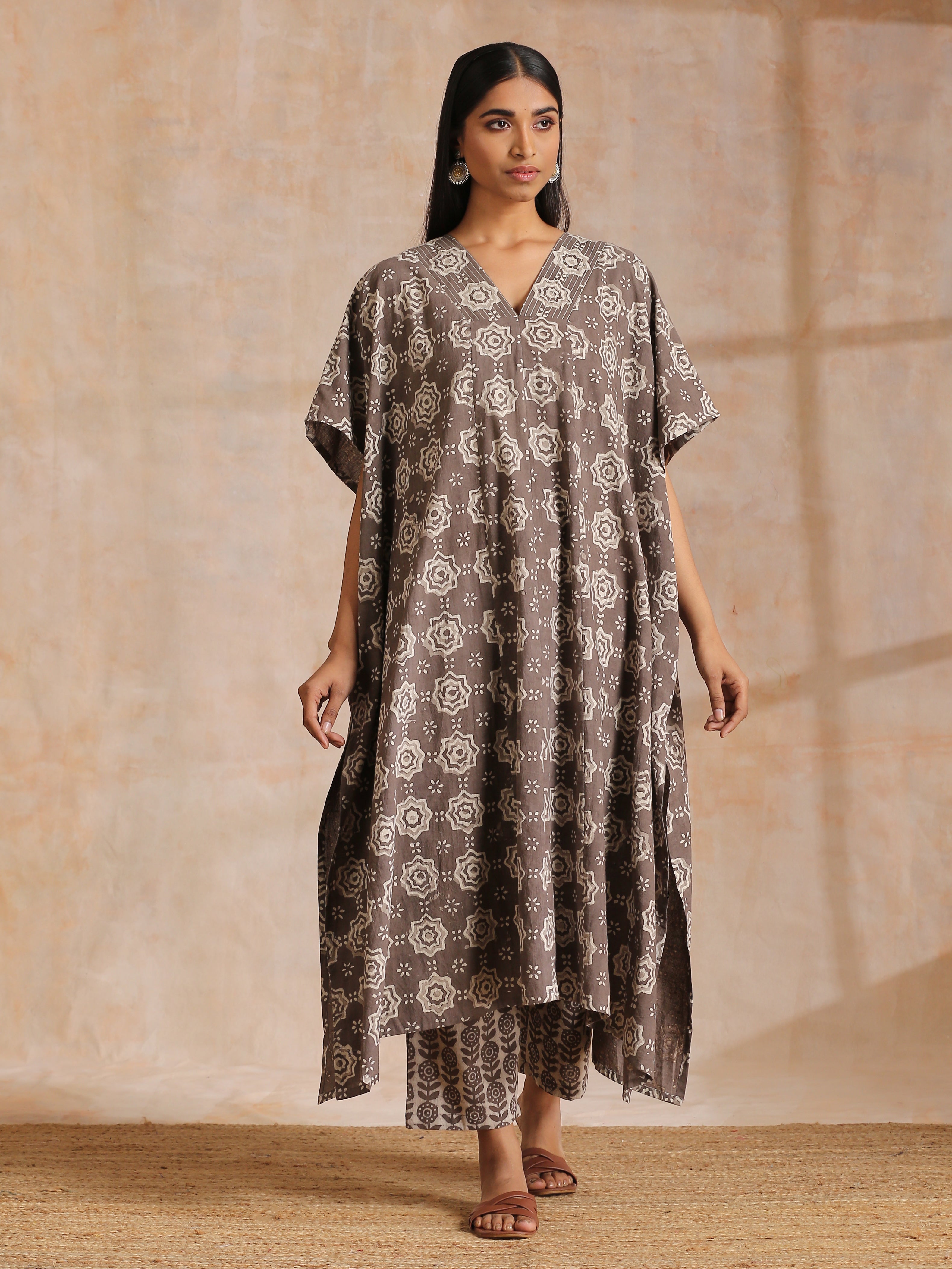 trueBrowns Clay Dabu Overall Print Cotton Panel Kaftan Kurta Pant Set - Distacart
