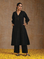 Thumbnail for trueBrowns Black Gold Cotton Overlap Yoke Kurta Set - Distacart