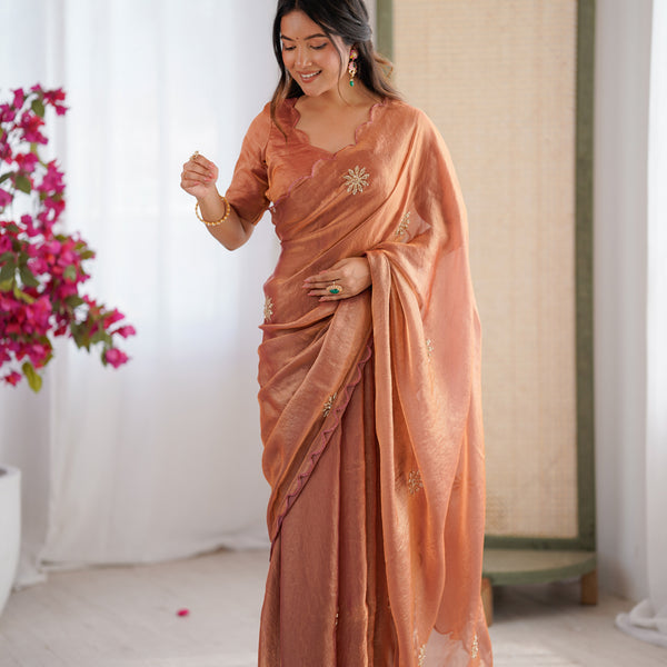 Evanik Designer Heavy Fendy Satin With Beads Embroidered Work Saree With Unstitched Blouse