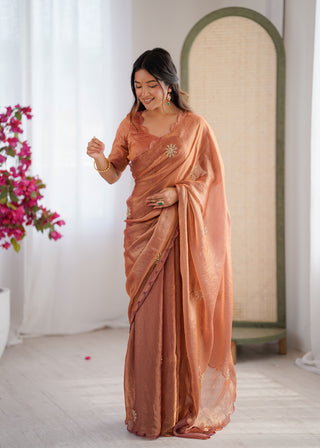 Evanik Designer Heavy Fendy Satin With Beads Embroidered Work Saree With Unstitched Blouse