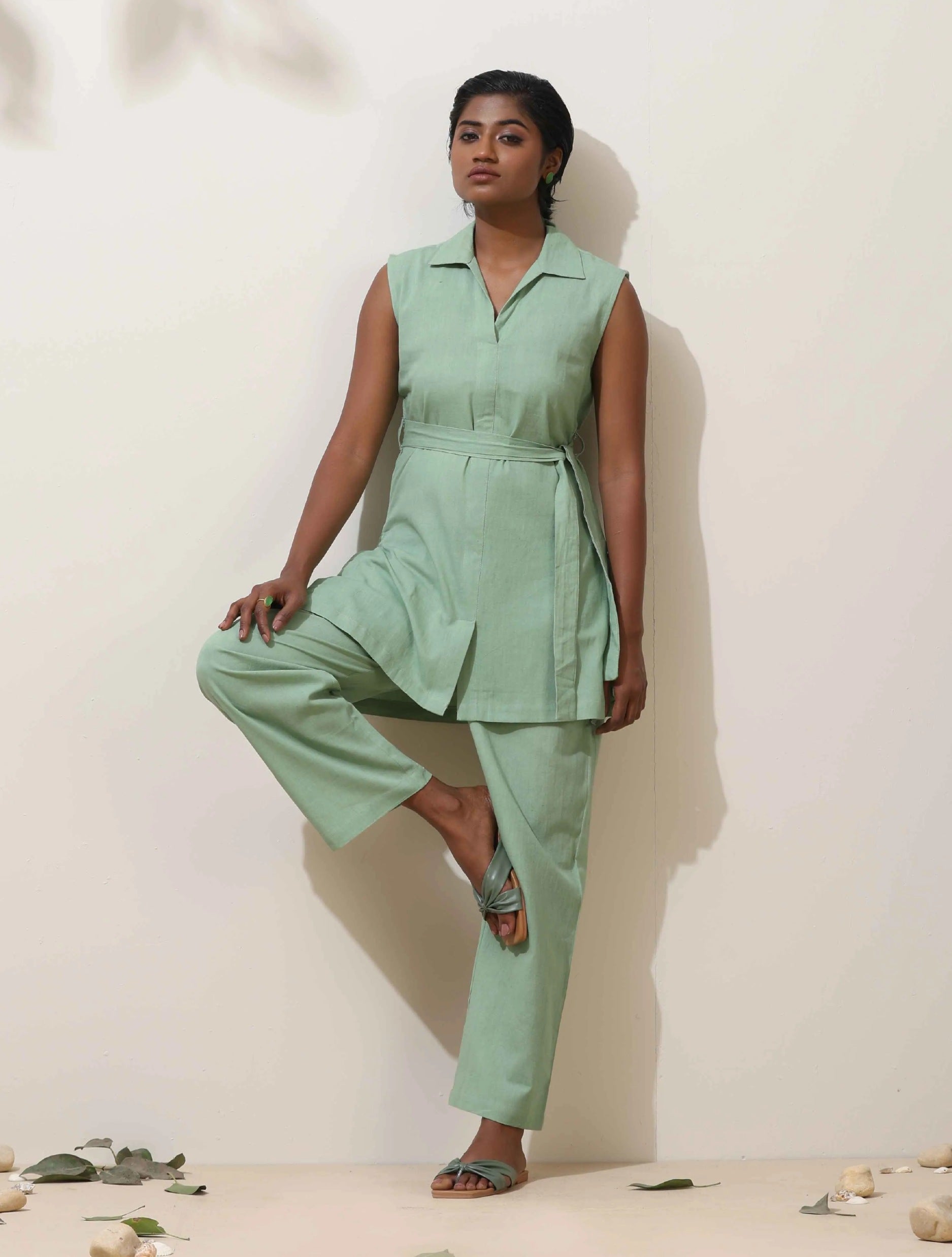 trueBrowns Mint Green Cotton Linen Co-Ord Set - Distacart