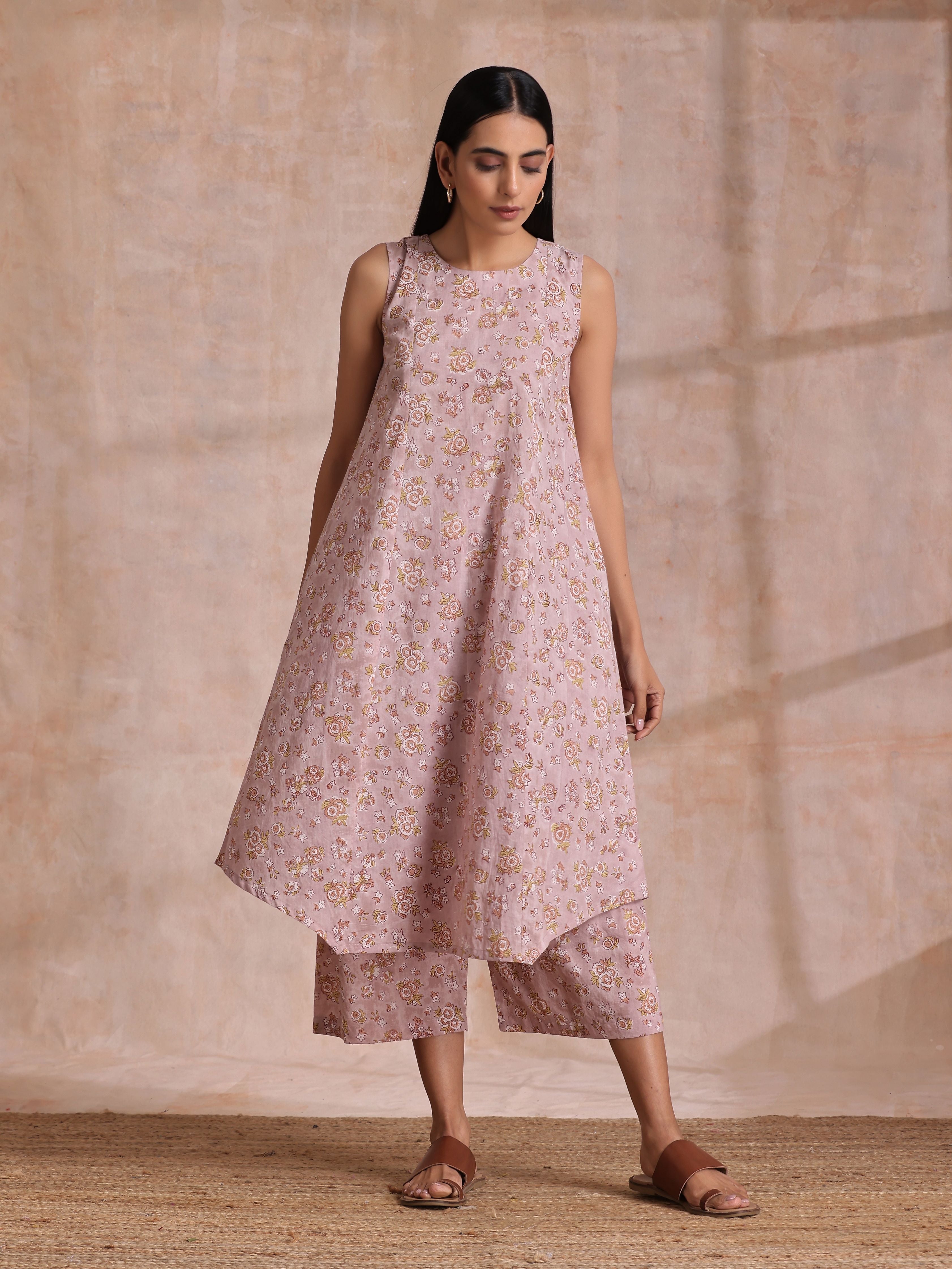 trueBrowns Grey Overall Floral Block Print Cotton High-Low Co-Ord Set - Distacart