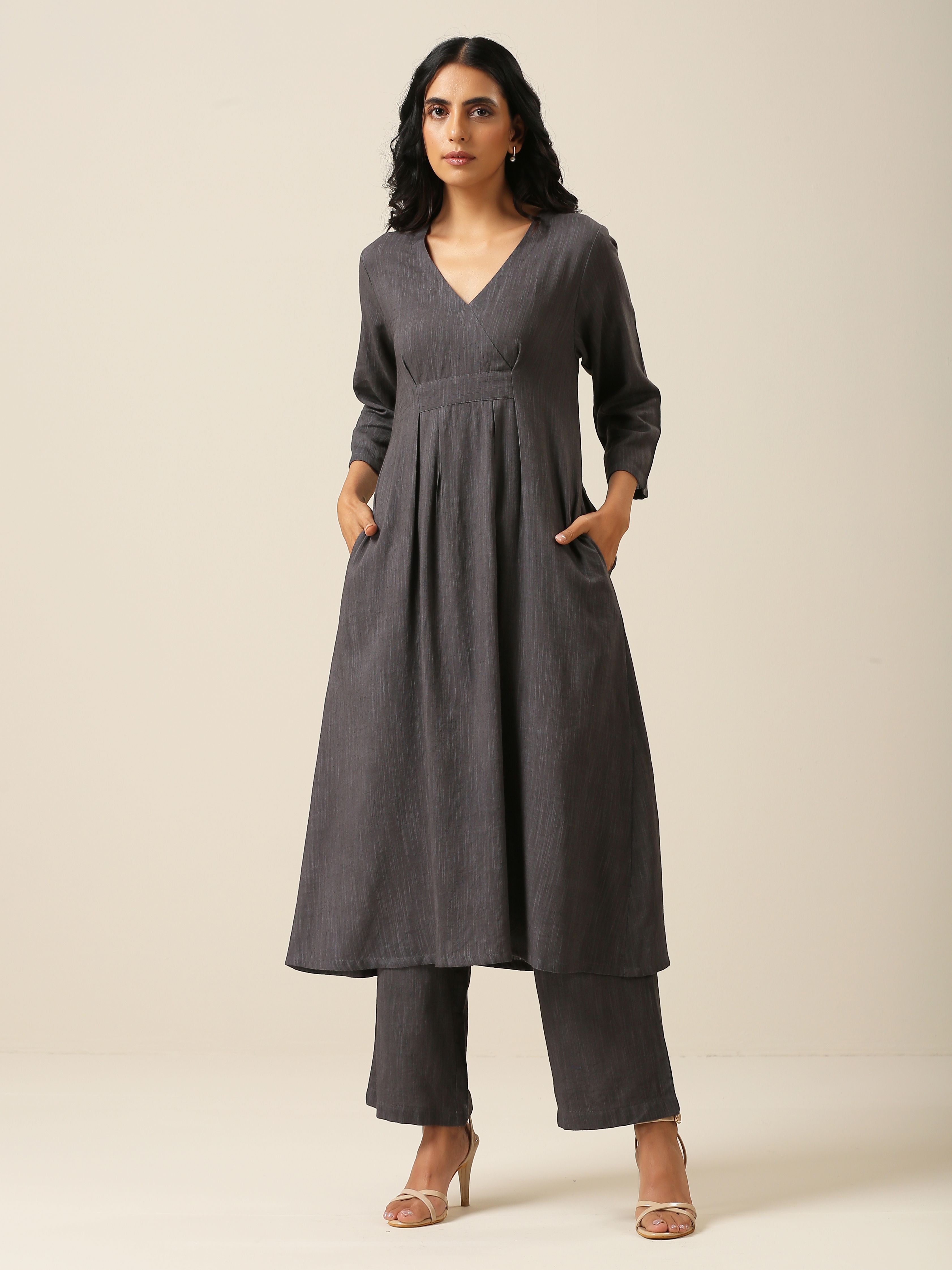 trueBrowns Slate Grey Slub Texture Overlap Pleat Kurta Pant Set - Distacart