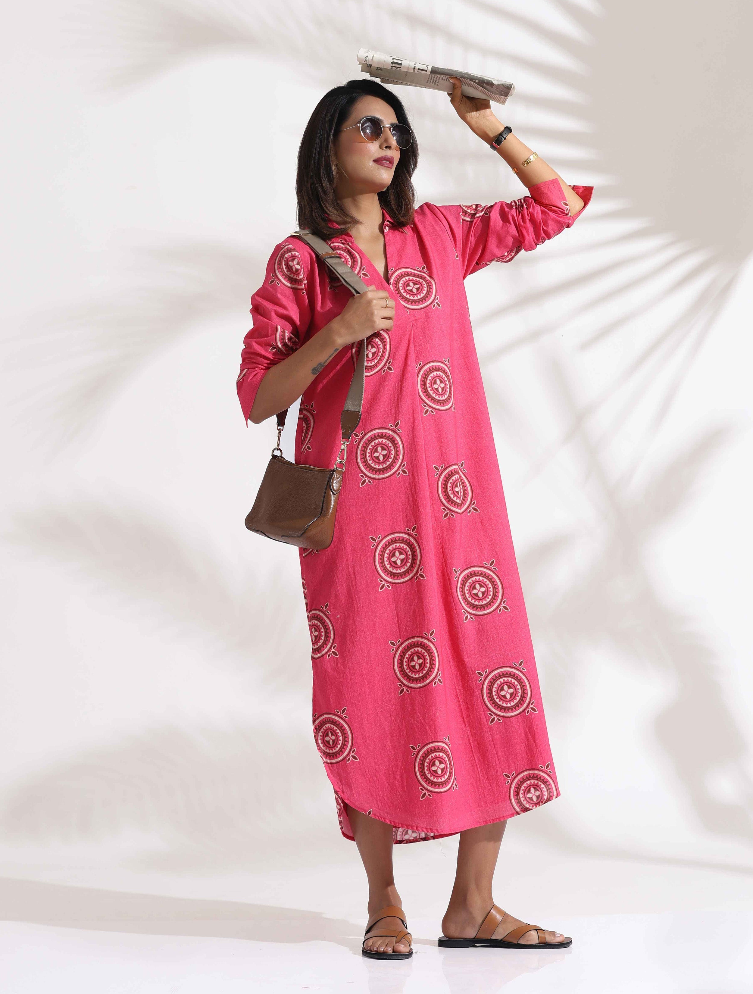 trueBrowns Pink Cotton Print A-line Dress - Distacart