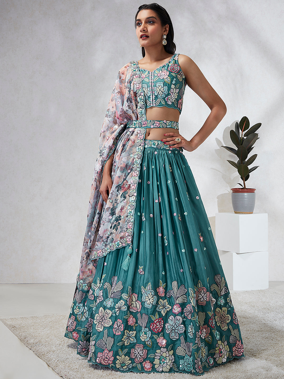 House of Panchhi Turquoise Blue Georgette Sequins And Thread Embroidery Lehenga Choli & Dupatta - Distacart