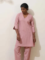 Thumbnail for trueBrowns Pink Cotton Linen Kurta Co-Ord Set