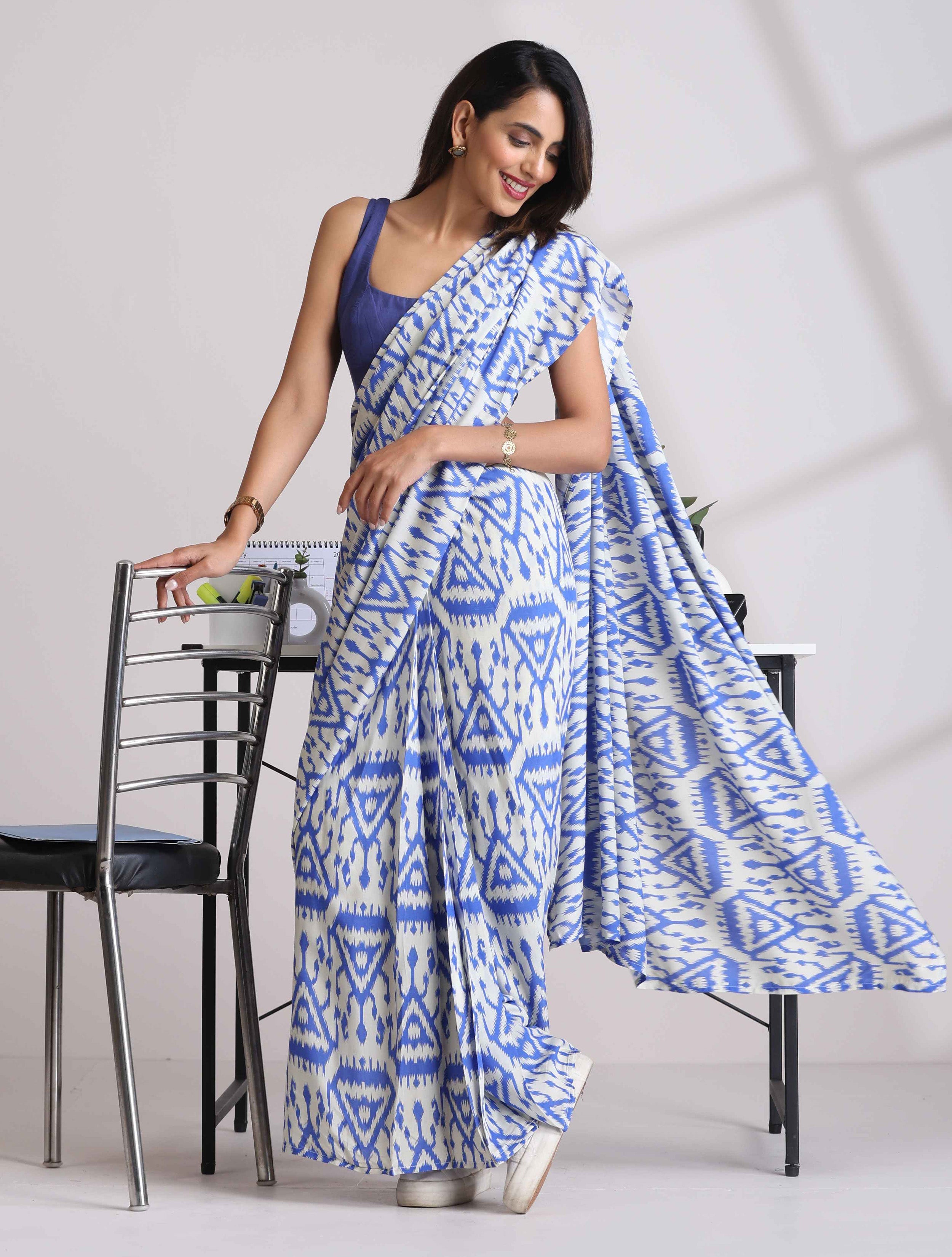 trueBrowns Blue Muslin Ikat Saree - Distacart