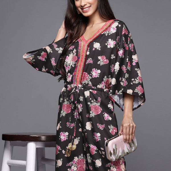 Ahalyaa Printed Crepe Basic Jumpsuit With Lace Inserts - Distacart