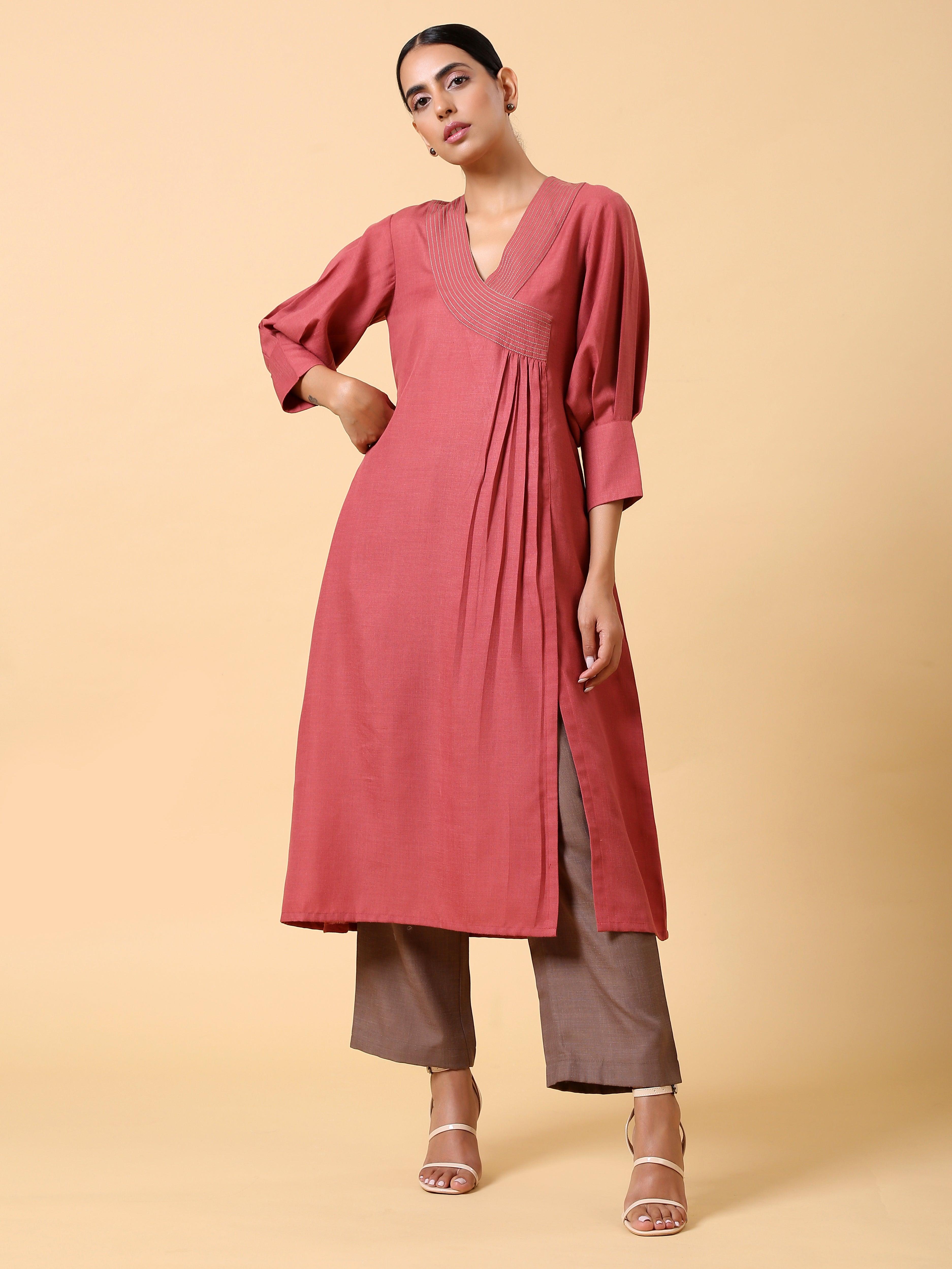 trueBrowns Cotton Linen Rust Red Kurta Pant Set - Distacart