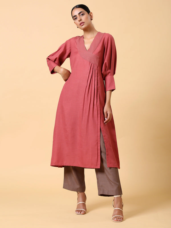 trueBrowns Cotton Linen Rust Red Kurta Pant Set - Distacart