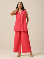Thumbnail for trueBrowns Bright Pink Slub Texture Sleevesless Jacket Pant Set - Distacart