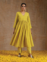 Thumbnail for trueBrowns Lime Gold Cotton Kalidar Kurta Set - Distacart