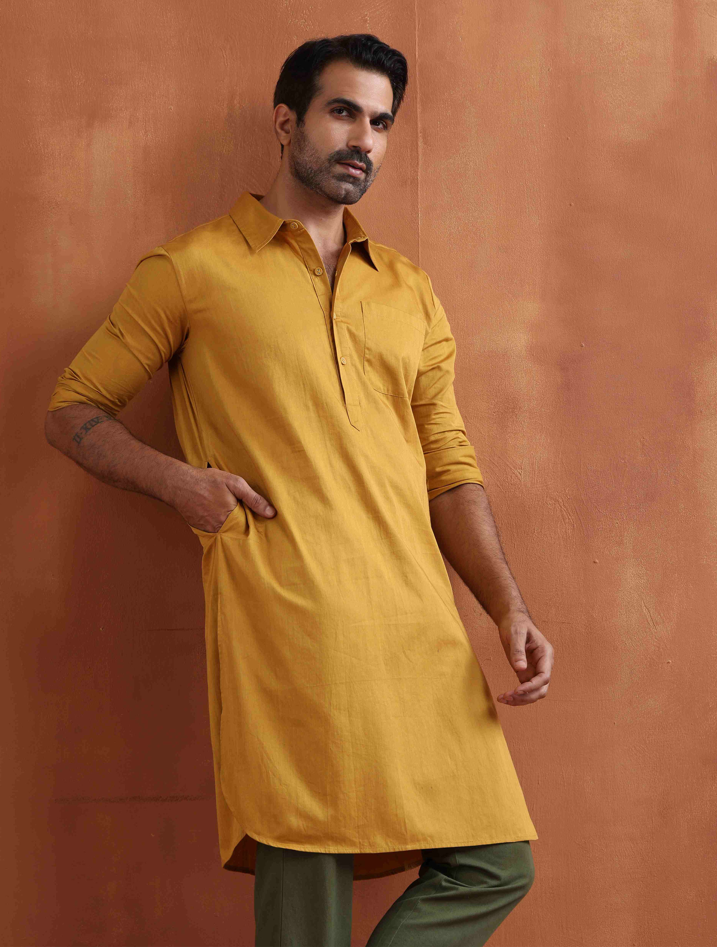 trueBrowns Men's Mustard Cotton Kurta - Distacart