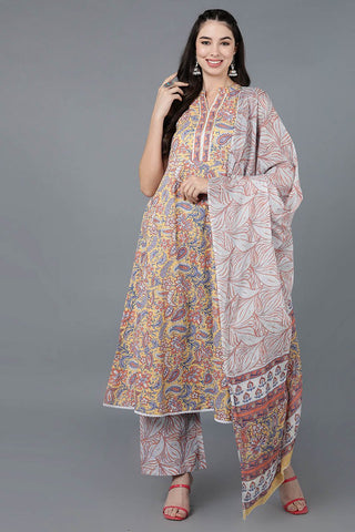 Ahika Yellow Cotton Flared Kurta Palazzo With Dupatta - Distacart