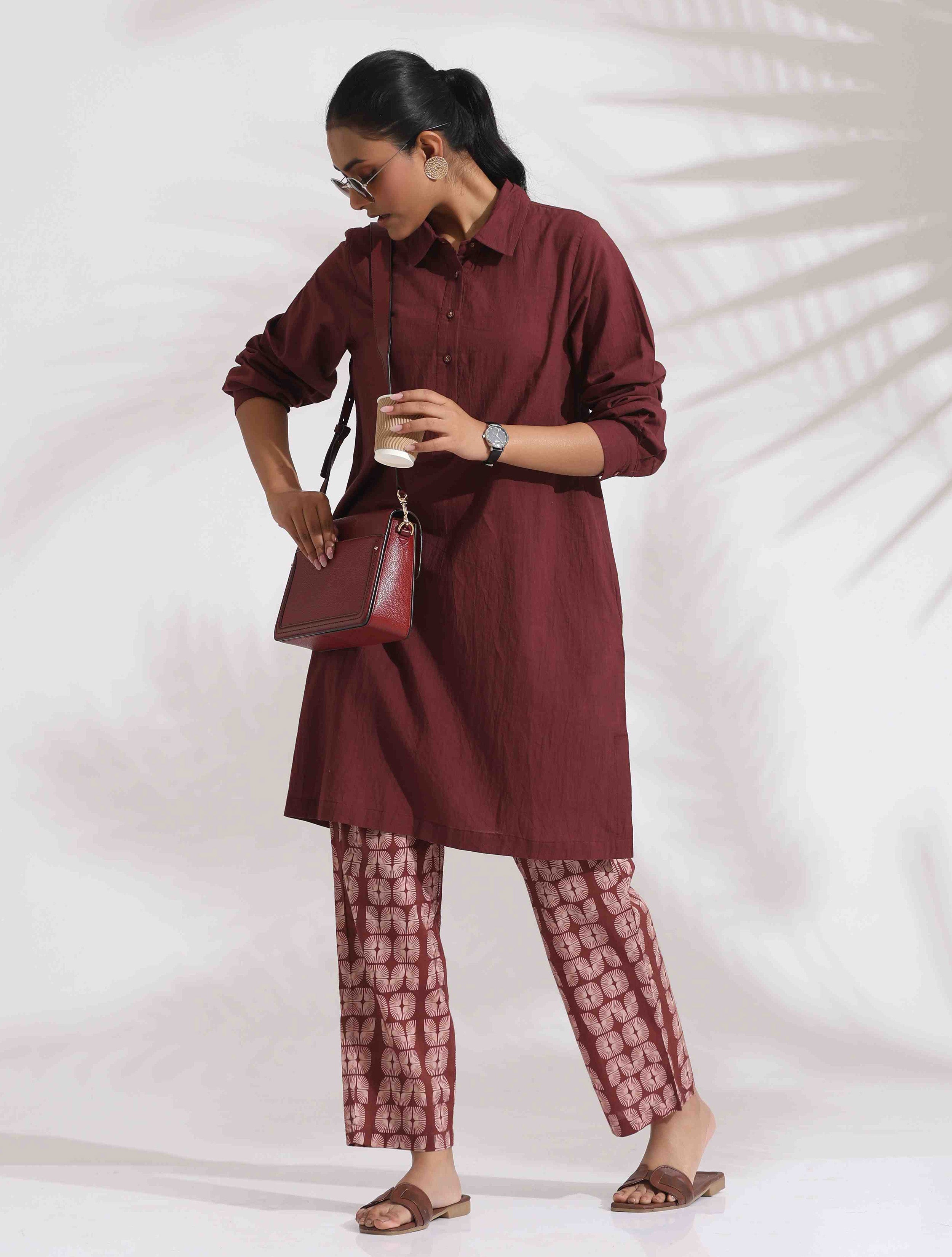 trueBrowns Brown Cotton Solid Kurta Co-ord Set - Distacart