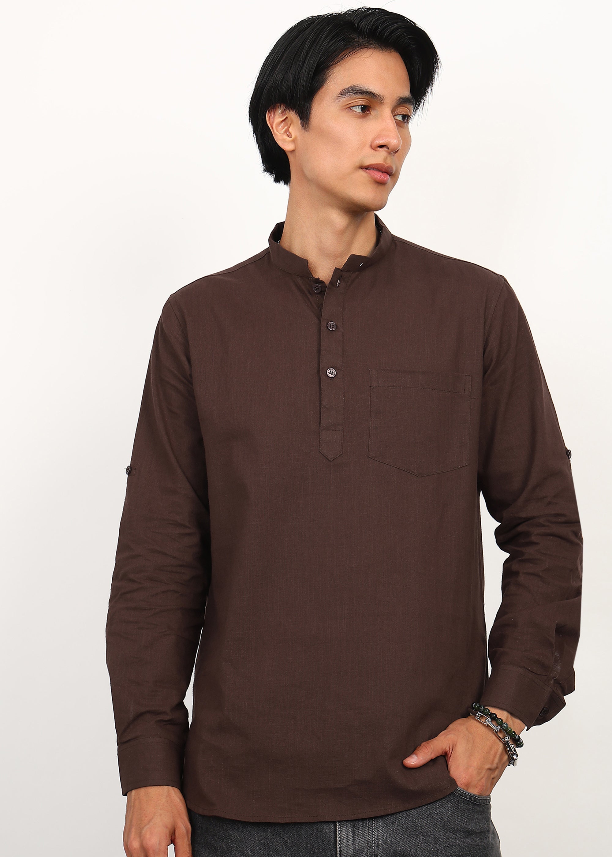 Fabmade Cocoa Drift Linen Short Kurta - Distacart