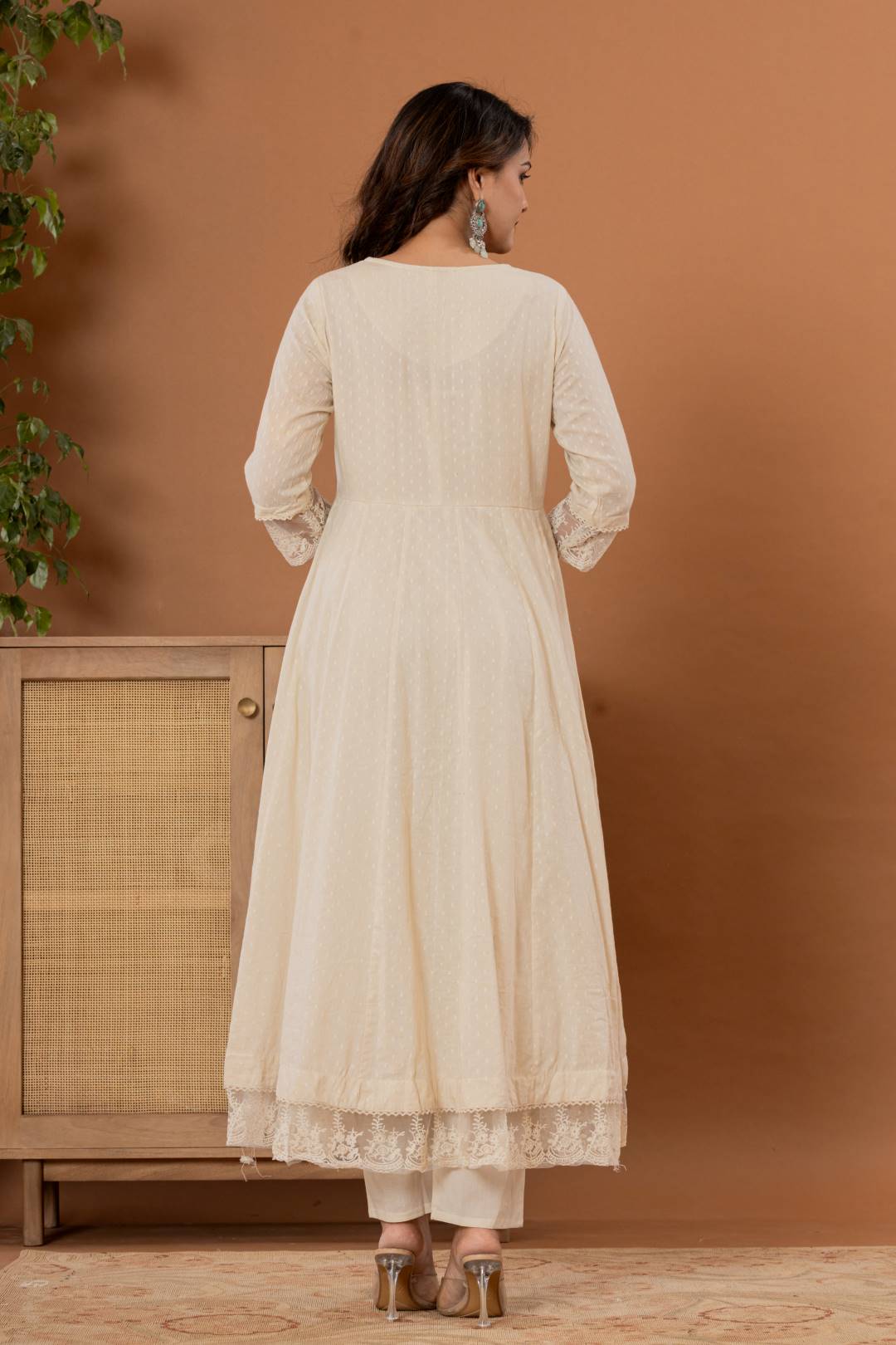 Varanga Women Off-White Mirror And Thread Work, Scallop Lace Anarkali Kurta Paired Wirh Embroidered Bottom And Dupatta - Distacart