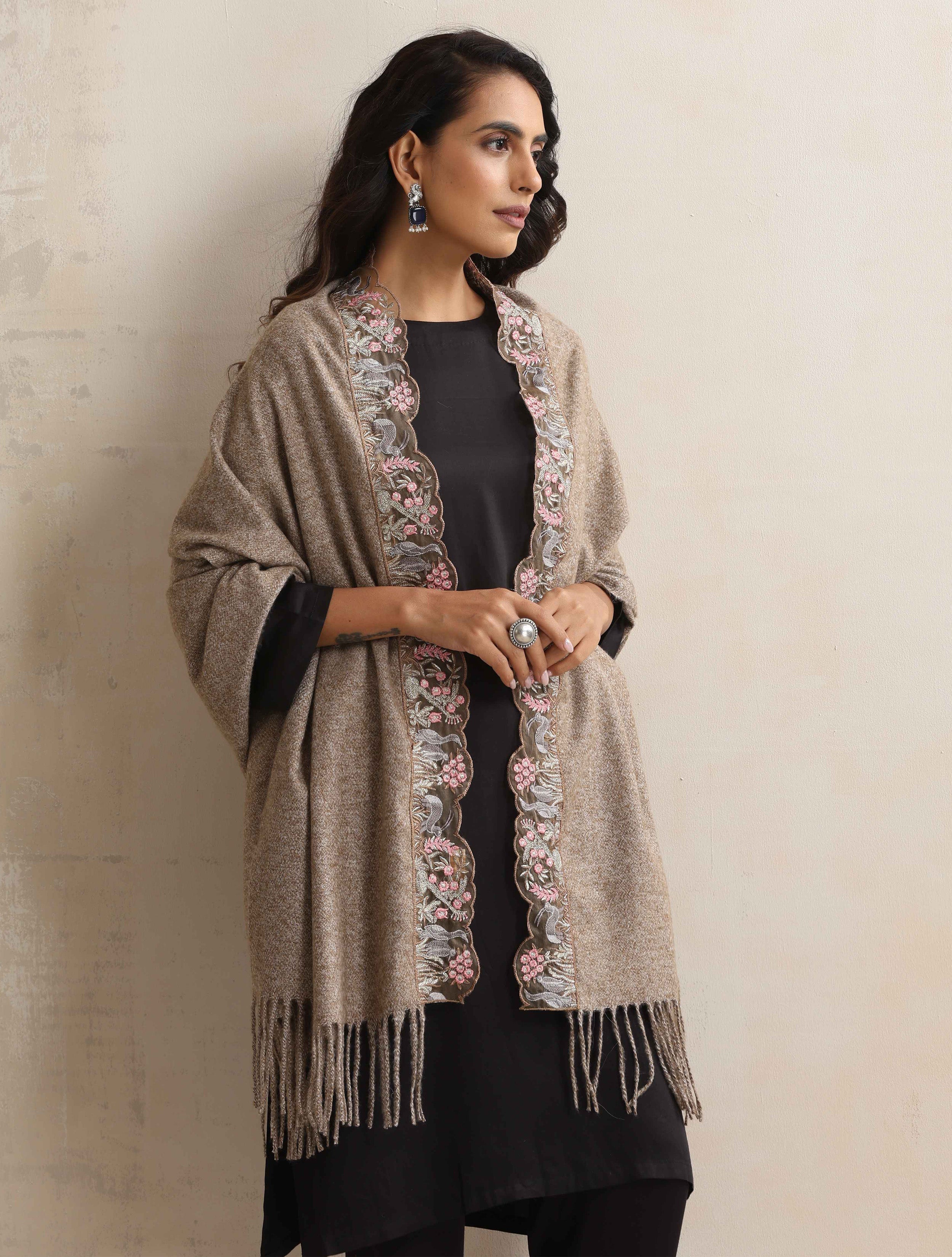trueBrowns Beige Embroidered Woollen Stole - Distacart