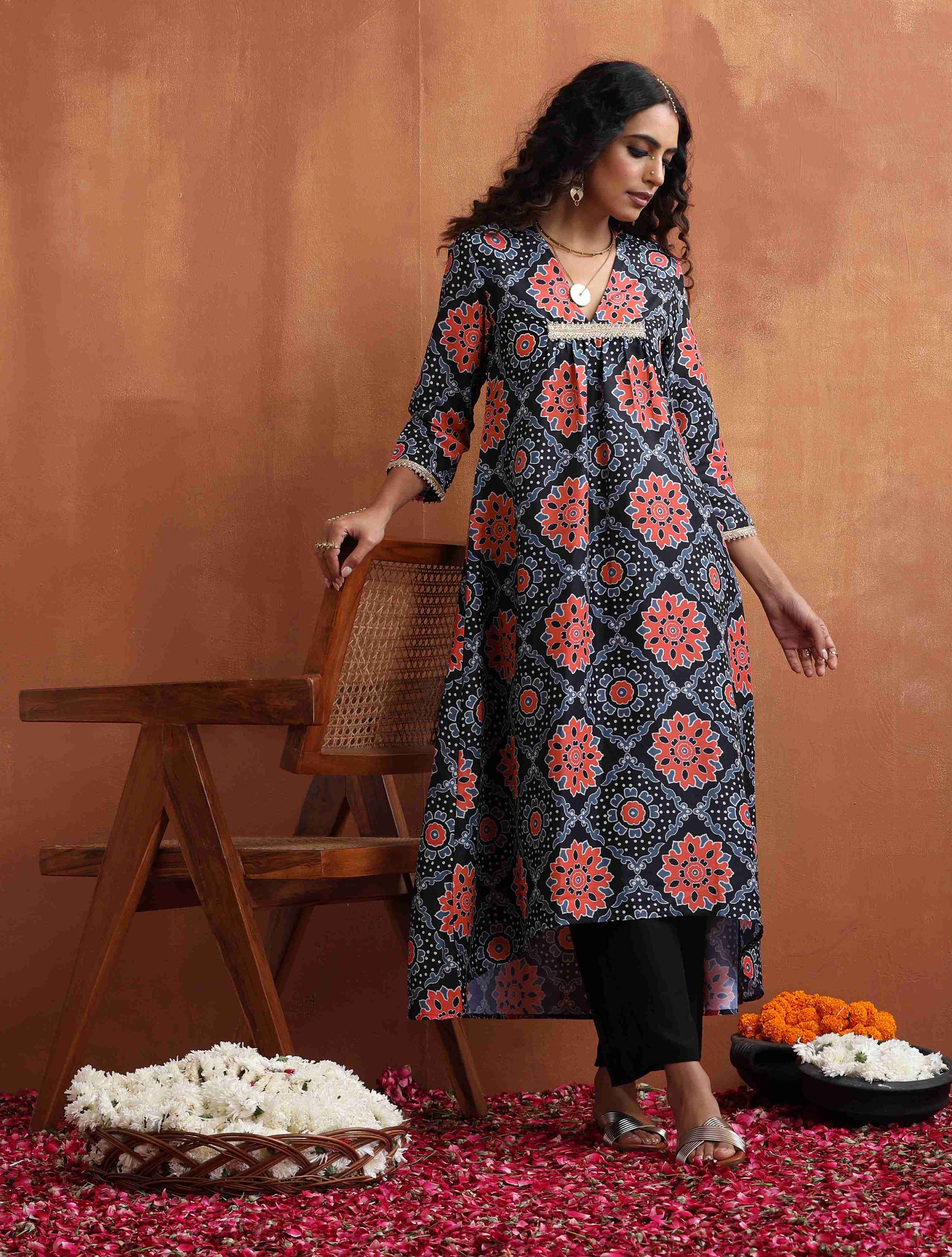 trueBrowns Black Ajrak Print Kurta Set - Distacart