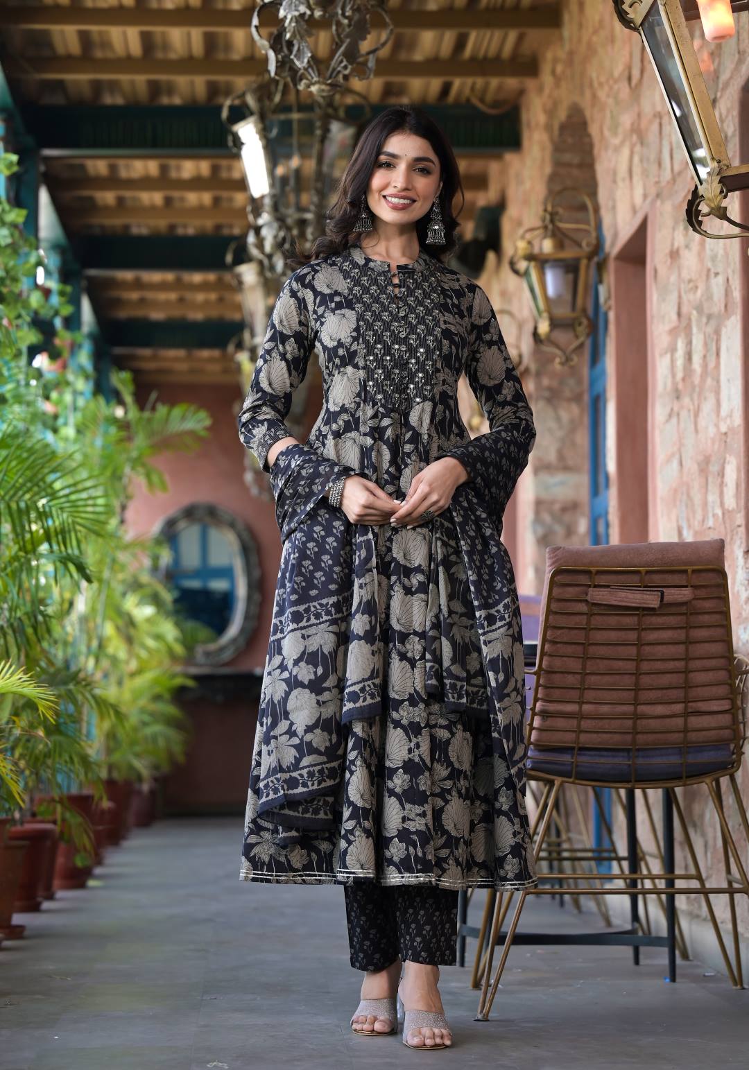 Varanga Women Black Mandarin Collar Embellished Yoke Three-Quarter Sleeves Paired With Printed Bottom And Dupatta - Distacart
