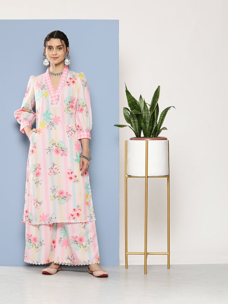 Ahalyaa Women Pink Floral Printed Gotta Patti Kurta with Palazzos - Distacart
