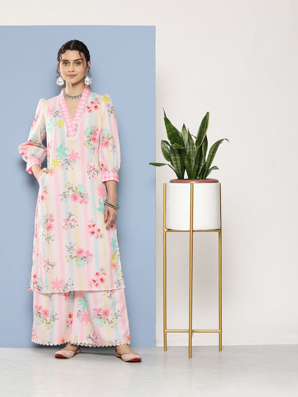 Ahalyaa Women Pink Floral Printed Gotta Patti Kurta with Palazzos - Distacart