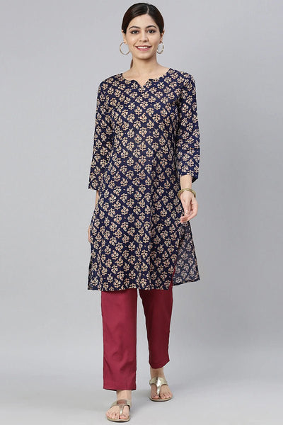 Ahika Women Navy Blue & Beige Ethnic Motifs Printed Kurta - Distacart