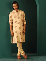 Thumbnail for trueBrowns Men's Beige Floral Bunch Muslin Silk Printed Long Kurta - Distacart