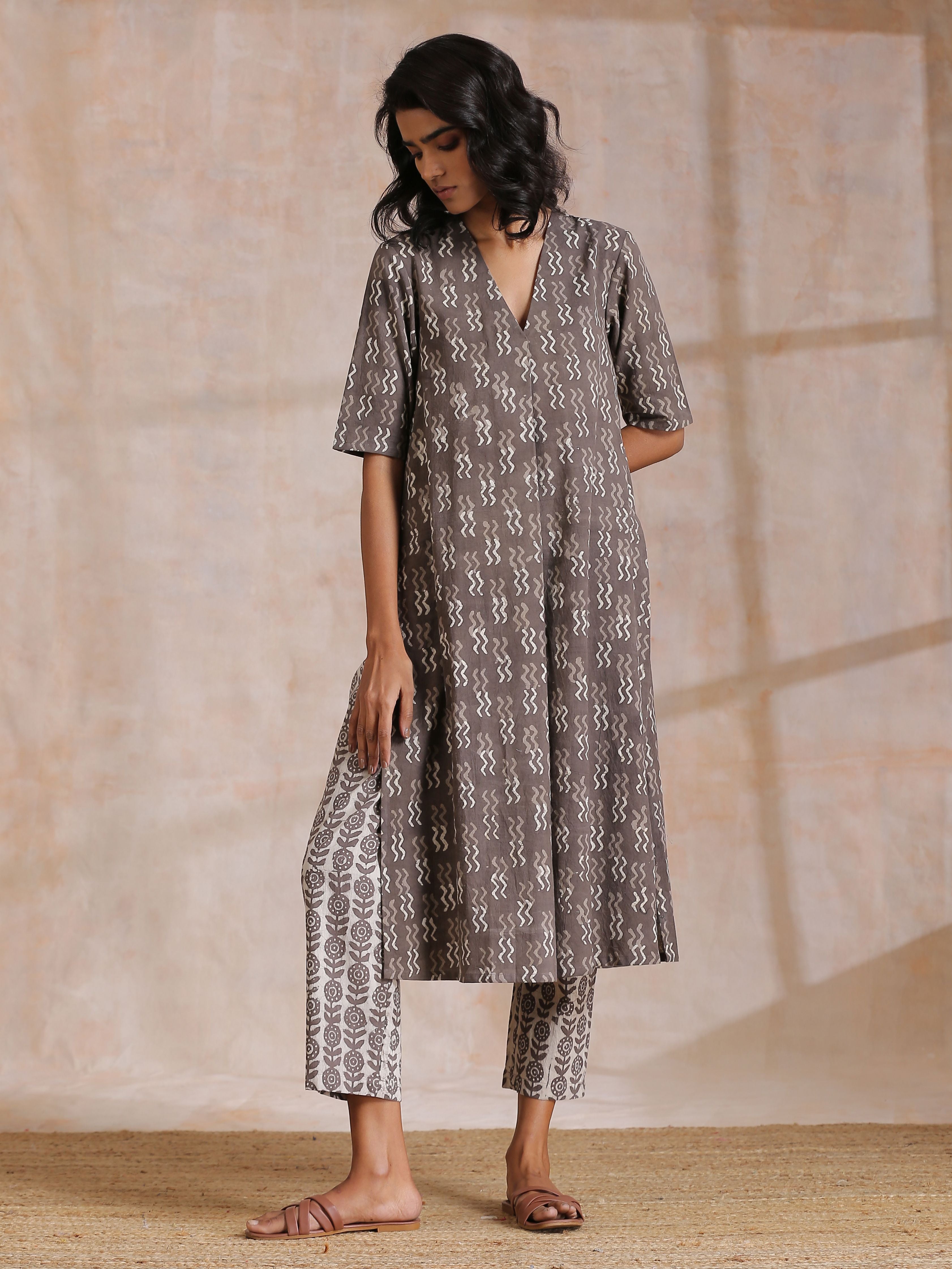 trueBrowns Clay Dabu Zig-Zag Motifs Print Cotton Kurta Pant Set - Distacart