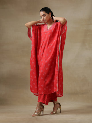 trueBrowns Red Bandhani Printed Silk Panel Kaftan Kurta Pant Set - Distacart
