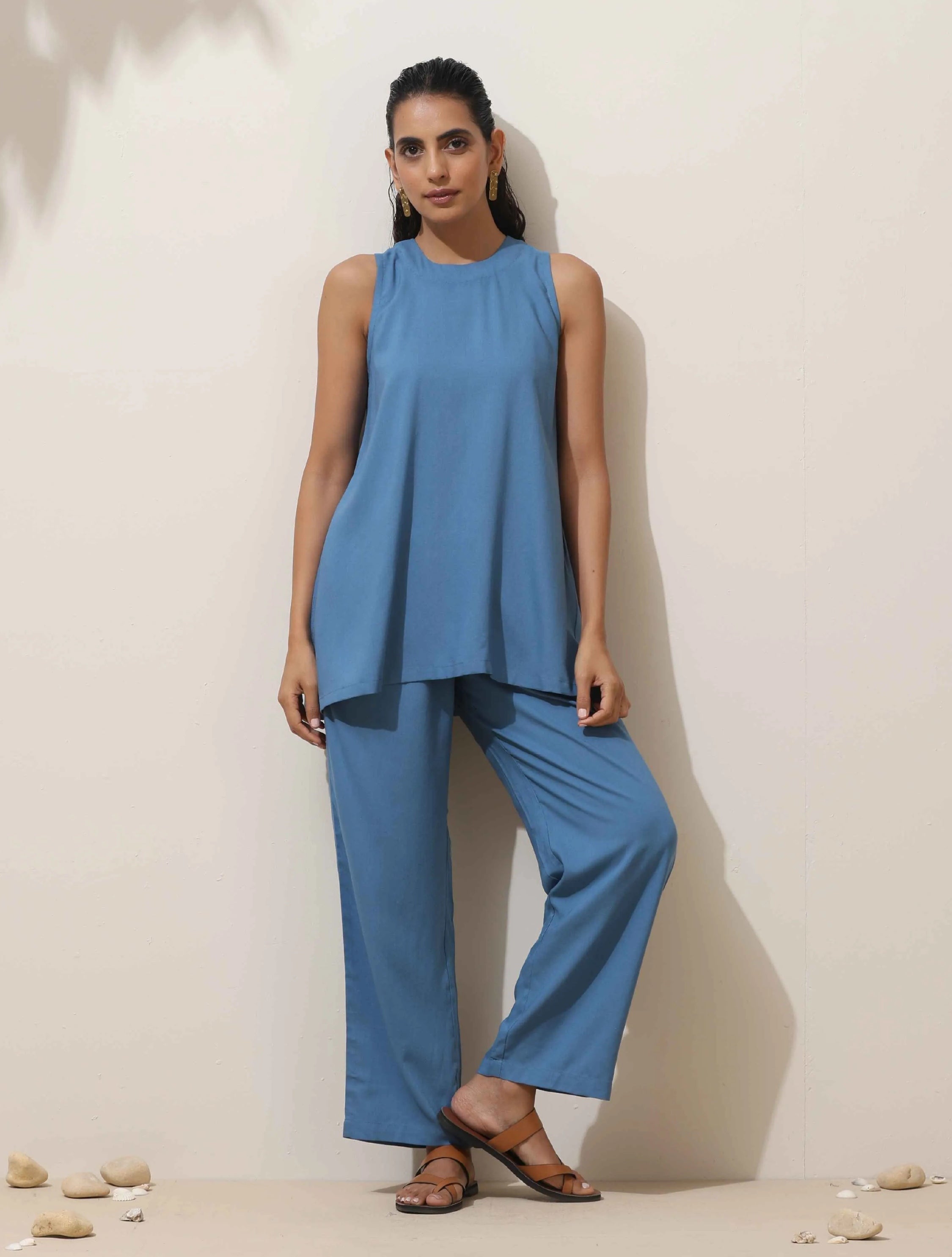 trueBrowns Blue Viscose Solid Co-ord Set - Distacart