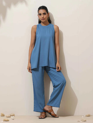 trueBrowns Blue Viscose Solid Co-ord Set - Distacart