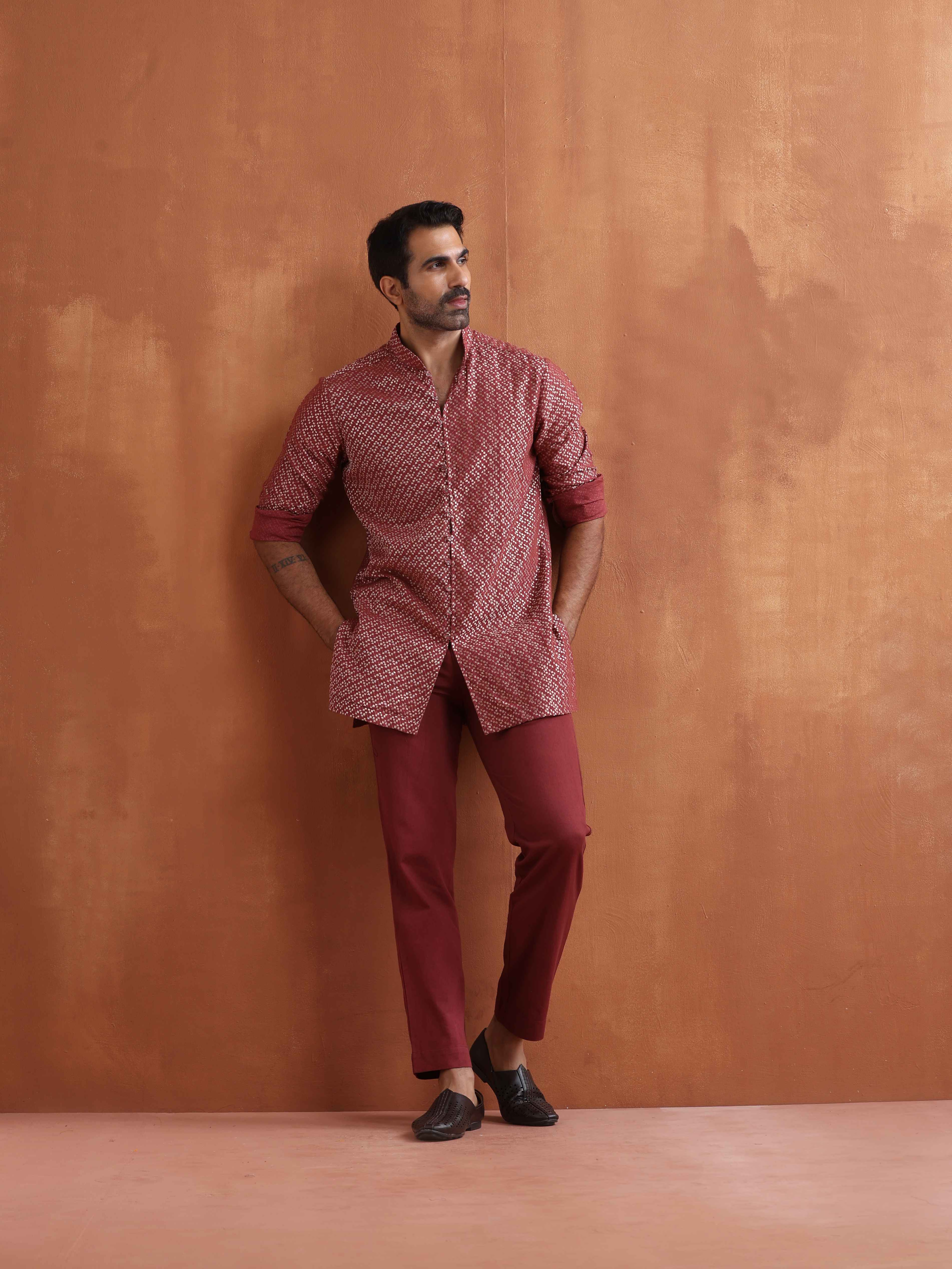 trueBrowns Men's Rust Cotton Dobby Short Kurta - Distacart