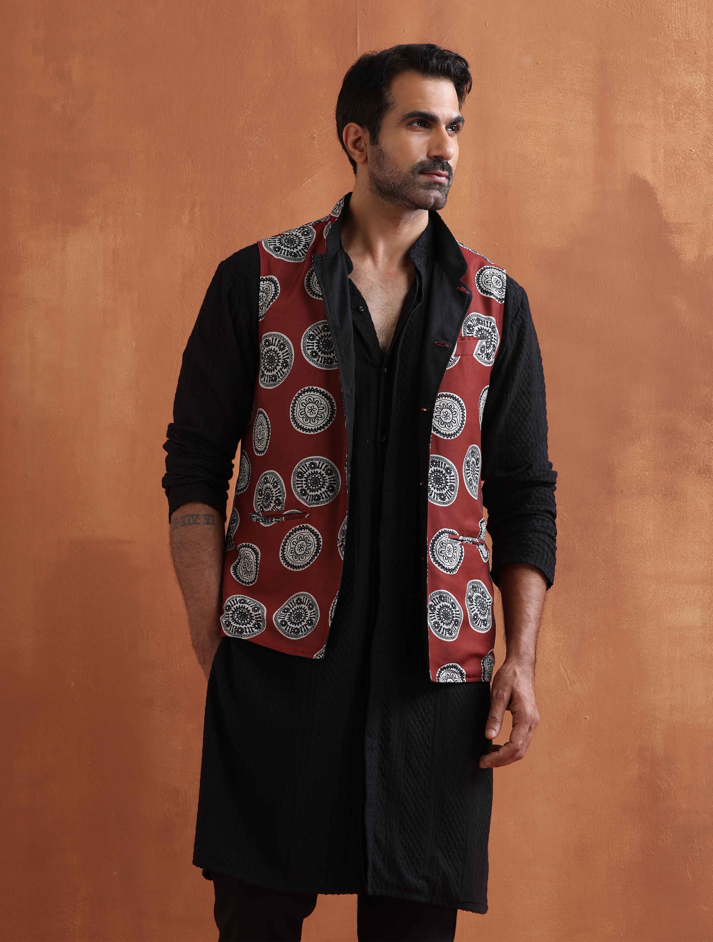 trueBrowns Men's Rust Printed Nehru Jacket - Distacart