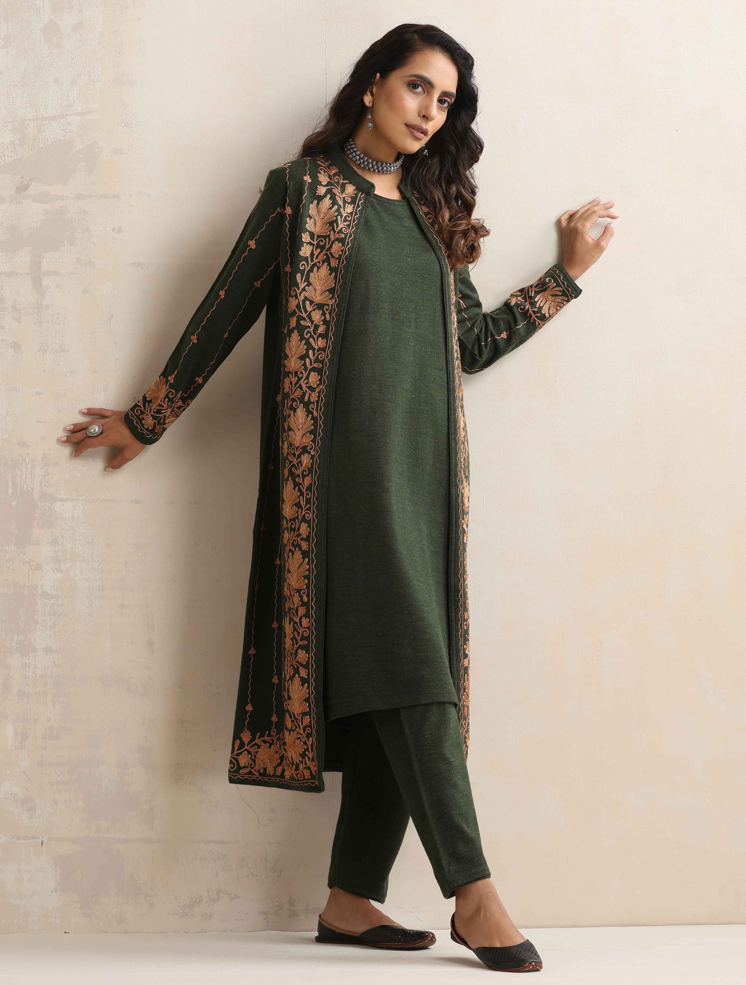 trueBrowns Green Kashmiri Woollen Jacket 3pc Set - Distacart