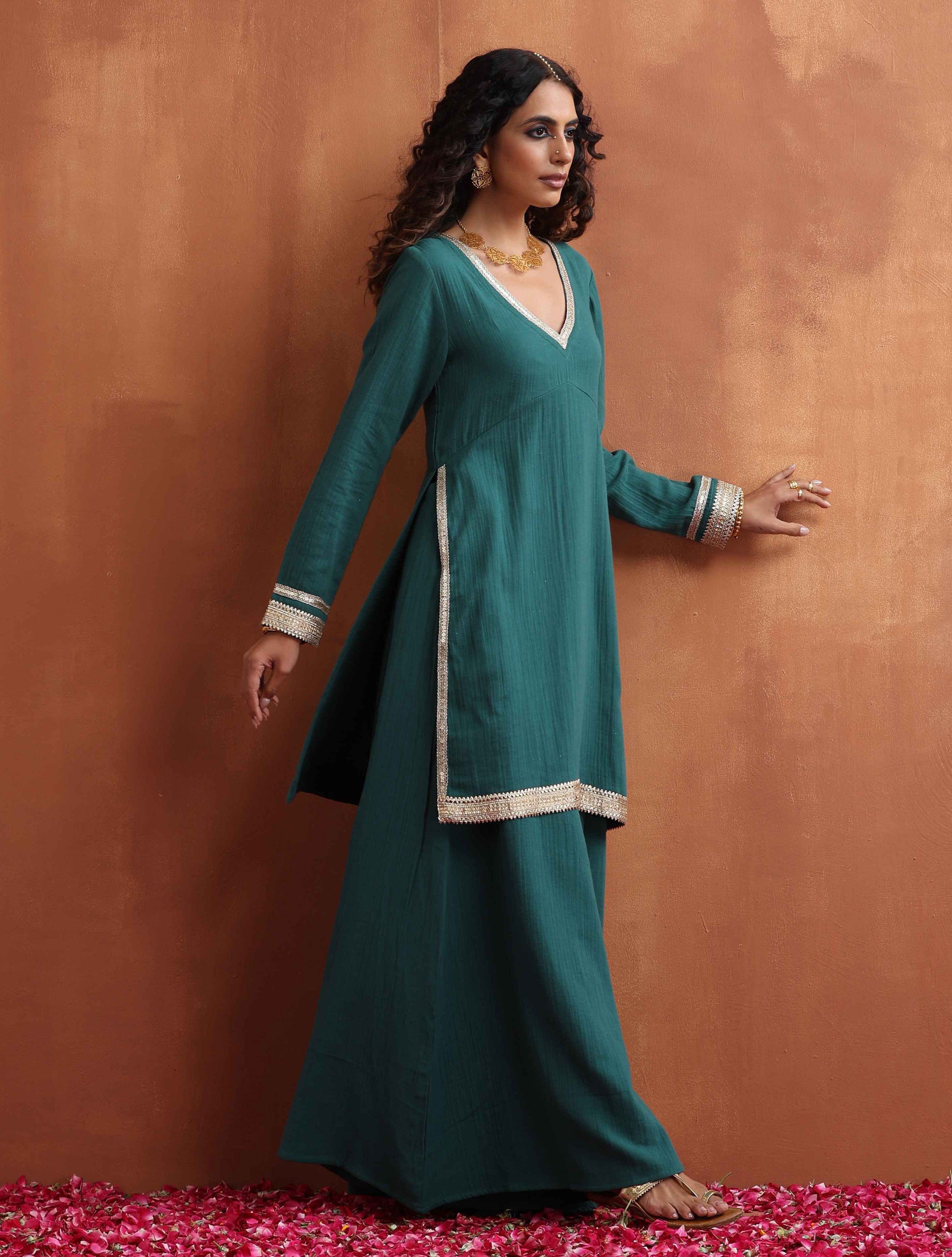 trueBrowns Green Cotton Sharara Set - Distacart