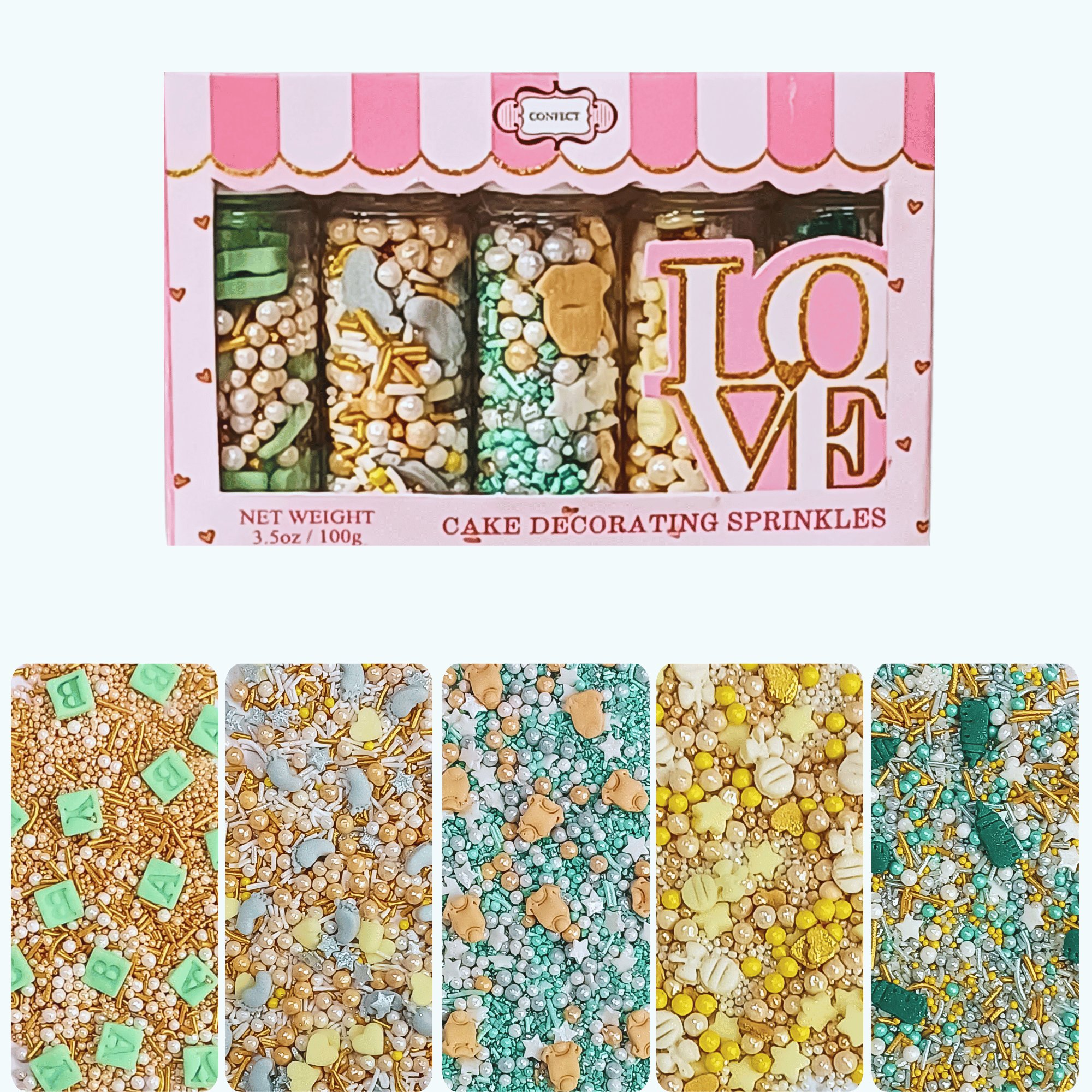 confect baby shower sprinkles mix gold silver mint green pearl dragees pack of 5 baby shower 01