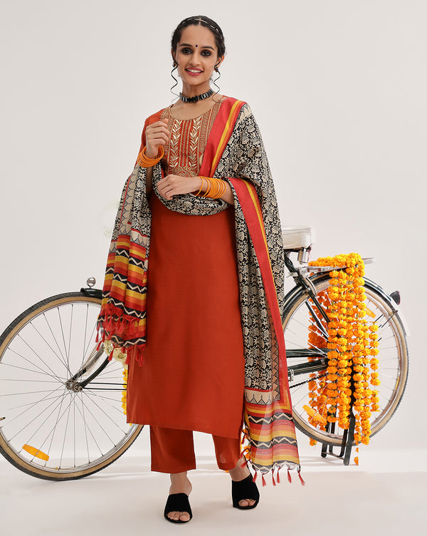 Varanga Women Rust Yoke Embroidered Straight Kurta Paired With Tonal Bottom And Contrast Printed Dupatta - Distacart