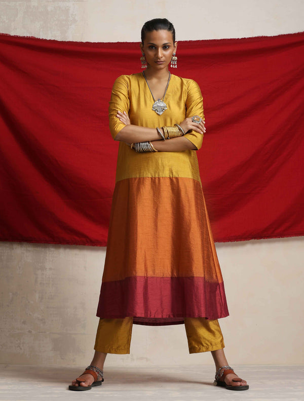 trueBrowns Gold Orange Silk A-line Kurta Set - Distacart