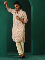 Thumbnail for trueBrowns Men's Off White Circle Floral Muslin Silk Printed Long Kurta - Distacart