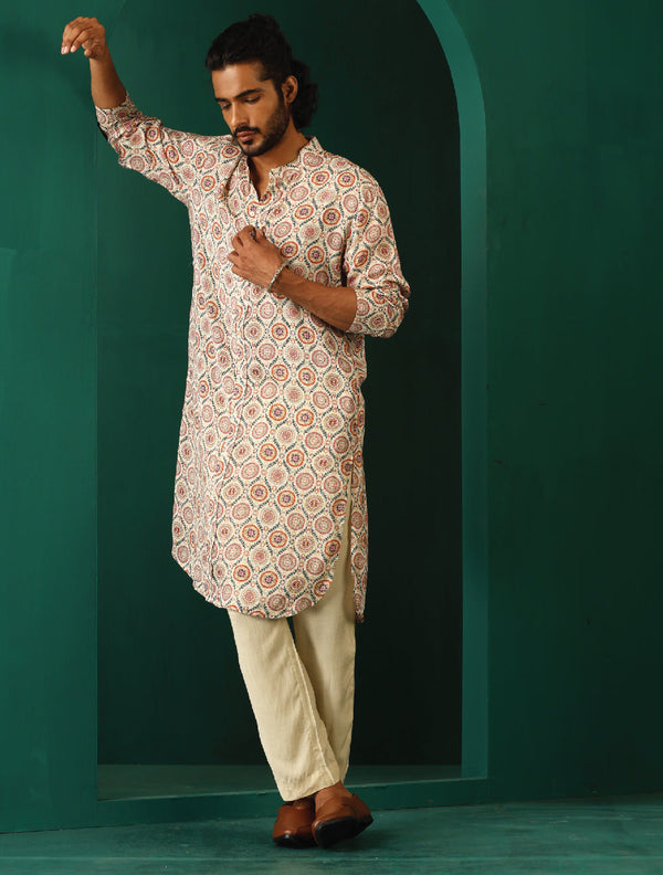 trueBrowns Men's Off White Circle Floral Muslin Silk Printed Long Kurta - Distacart