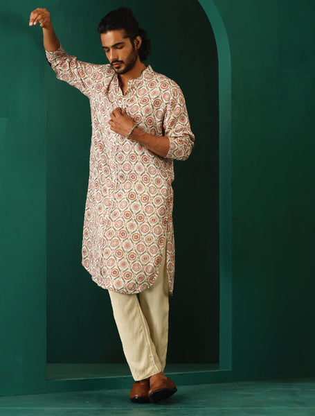 trueBrowns Men's Off White Circle Floral Muslin Silk Printed Long Kurta - Distacart