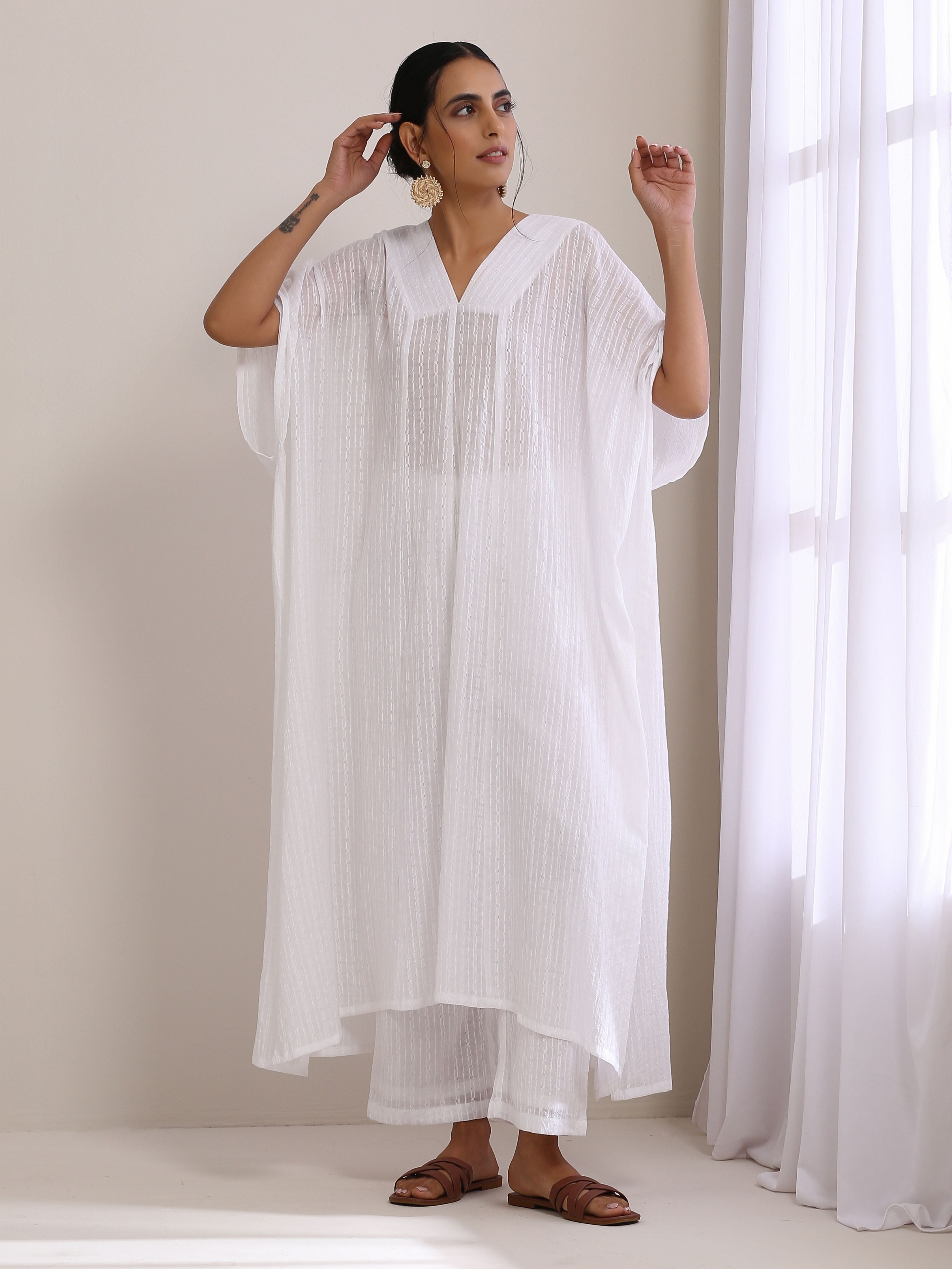 trueBrowns White Dobby Panel Kaftan Kurta Pant Set - Distacart