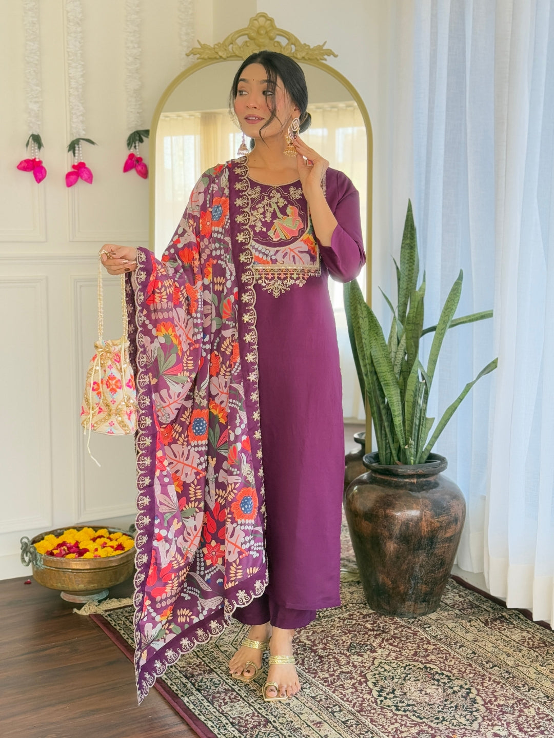 The52 Women's Viscose Chanderi Fabric Straight Kurta, Pant and Dupatta Set