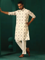 Thumbnail for trueBrowns Men's Ivory Rhombus Cotton Kurta - Distacart