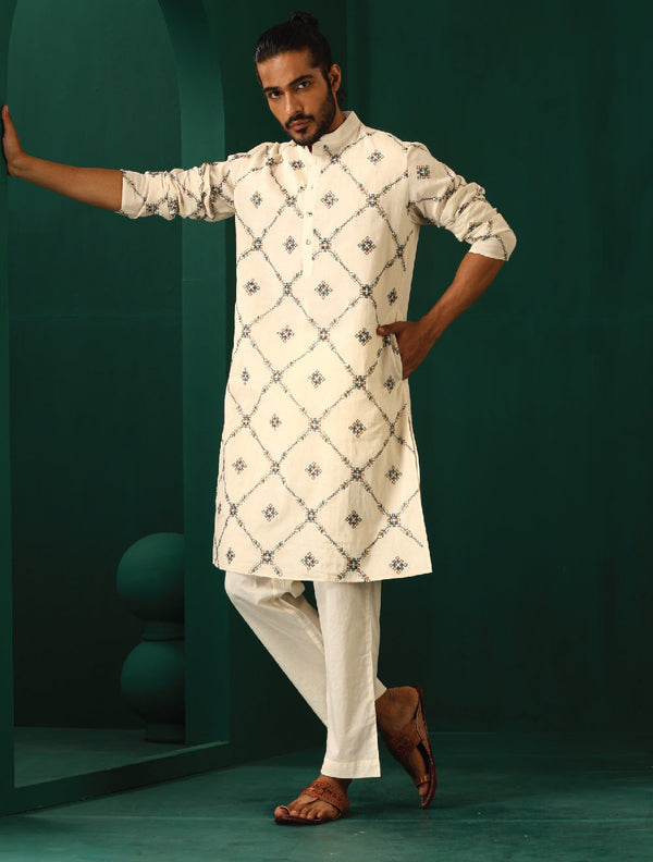 trueBrowns Men's Ivory Rhombus Cotton Kurta - Distacart